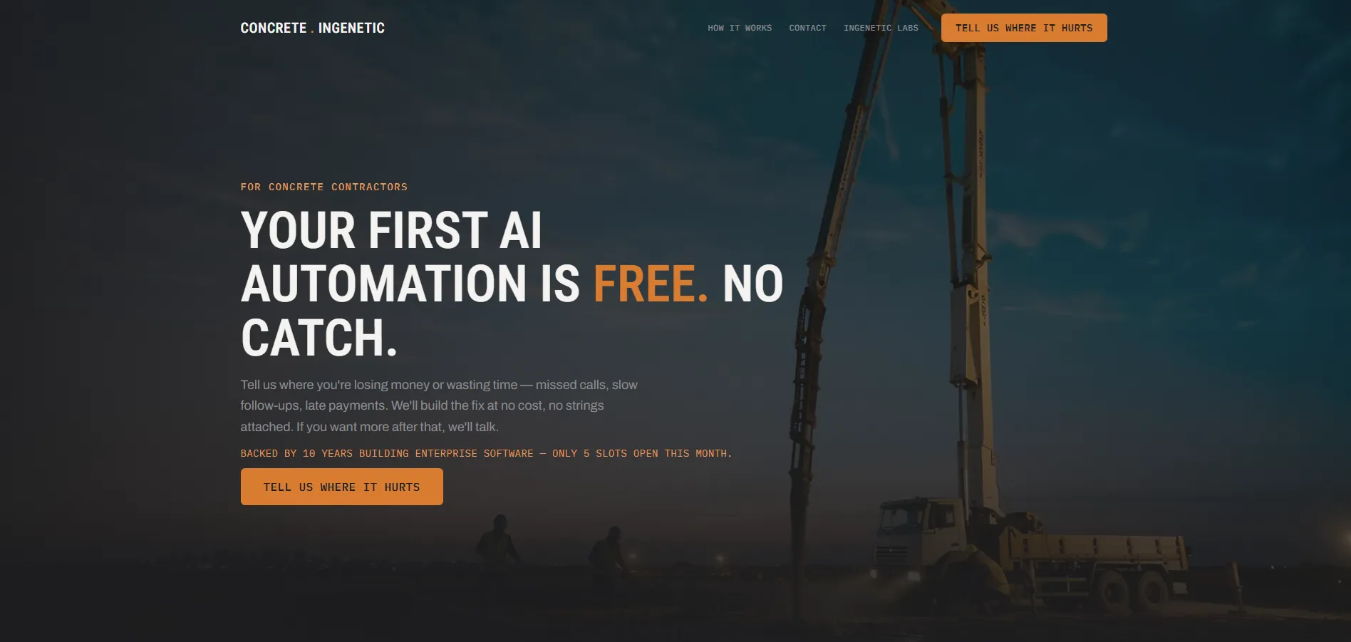 Landing page for Ingenetic's concrete contractor AI automation sub-brand, live at concrete.ingeneticlab.com
