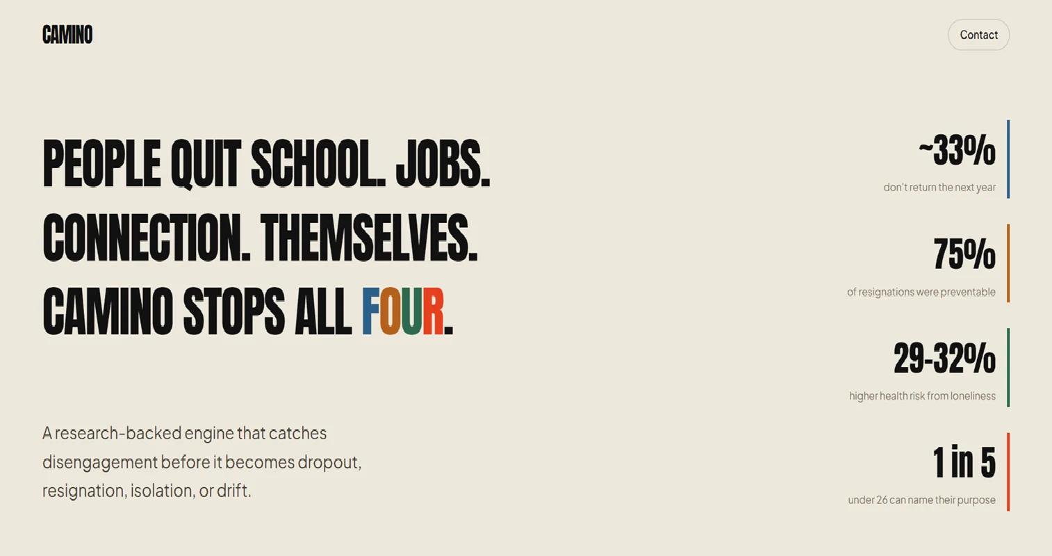 CAMINO umbrella pitch site hero: "People quit school. Jobs. Connection. Themselves. CAMINO stops all FOUR."