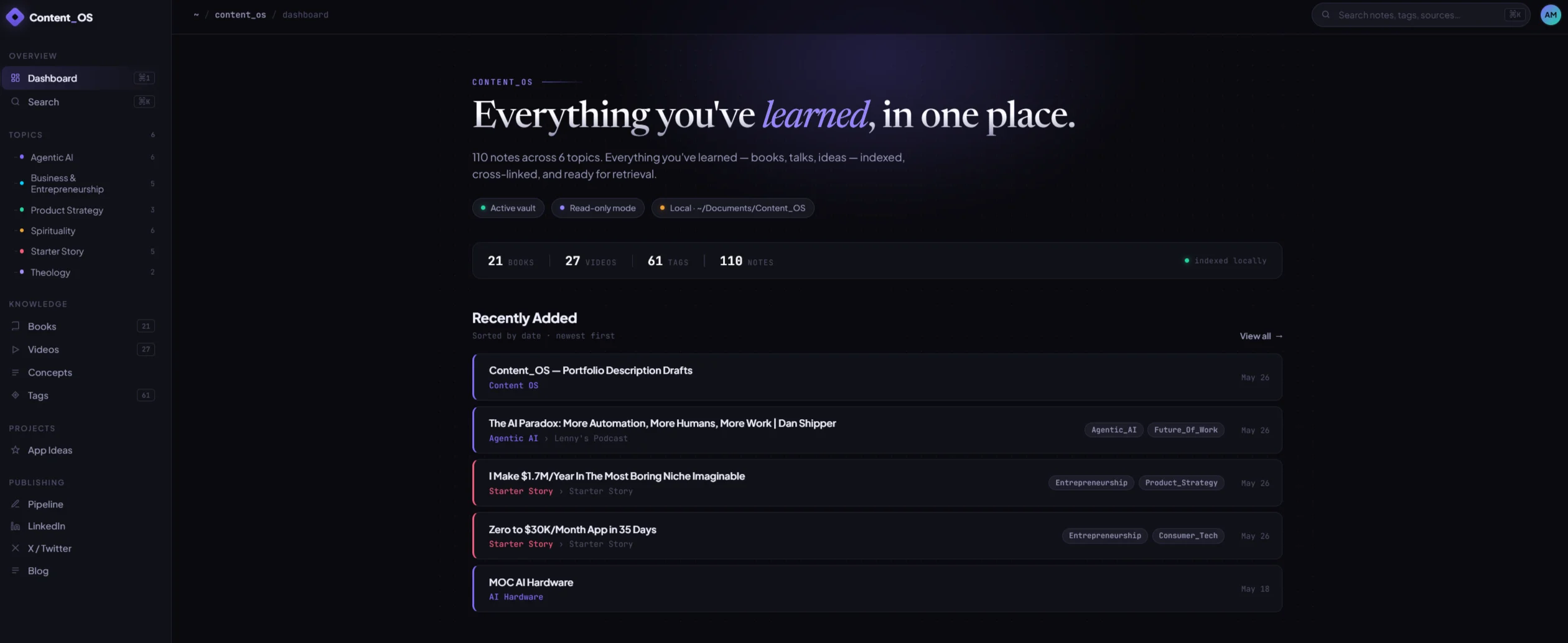 Content_OS dashboard showing active AI ingestion pipelines