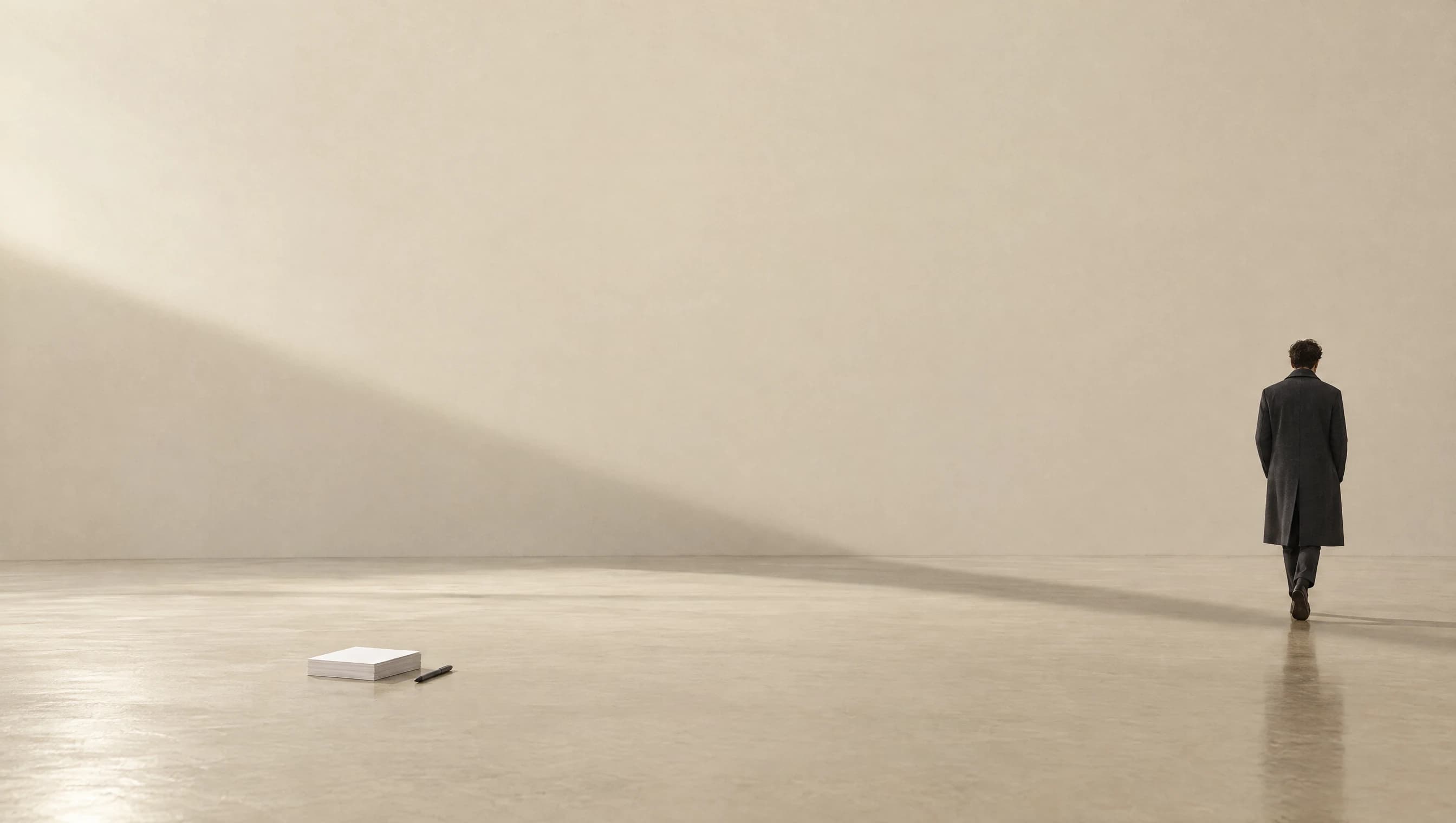 An empty cream room. A stack of paper and a pen wait on the floor while a man in a dark coat walks away toward the far wall.