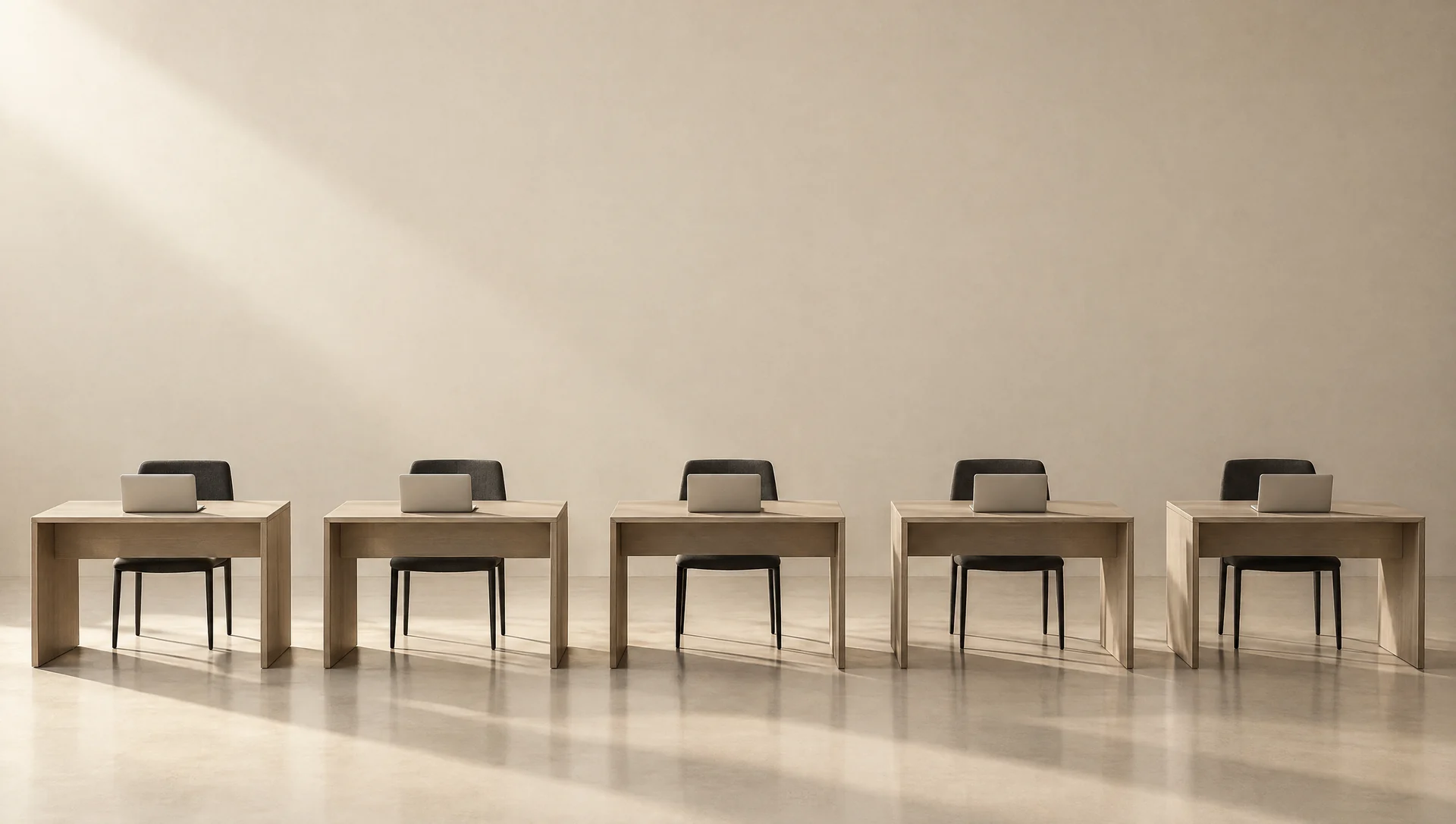 Five identical desks in a row, each with a laptop and an empty chair, in a warm cream room.