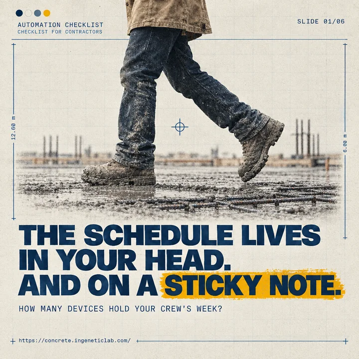 Concrete sub-brand carousel slide: "The schedule lives in your head and on a sticky note."